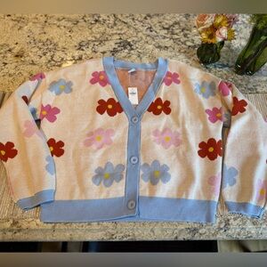 NEW Girl’s Cotton Button Front Cardigan Sweater In White Retro Floral -XXL